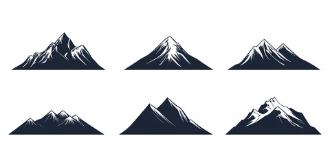 Mountain Silhouette Set with Snowy Peaks. A collection of six minimalistic mountain silhouettes with sharp peaks and snowcaps