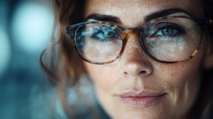 A woman wearing fashionable glasses looks thoughtfully into the distance, her expression calm yet inquisitive, showcasing both style and intelligence.
