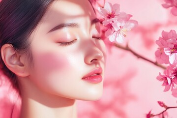 Naklejka premium Close-up Portrait of a Woman with Cherry Blossoms