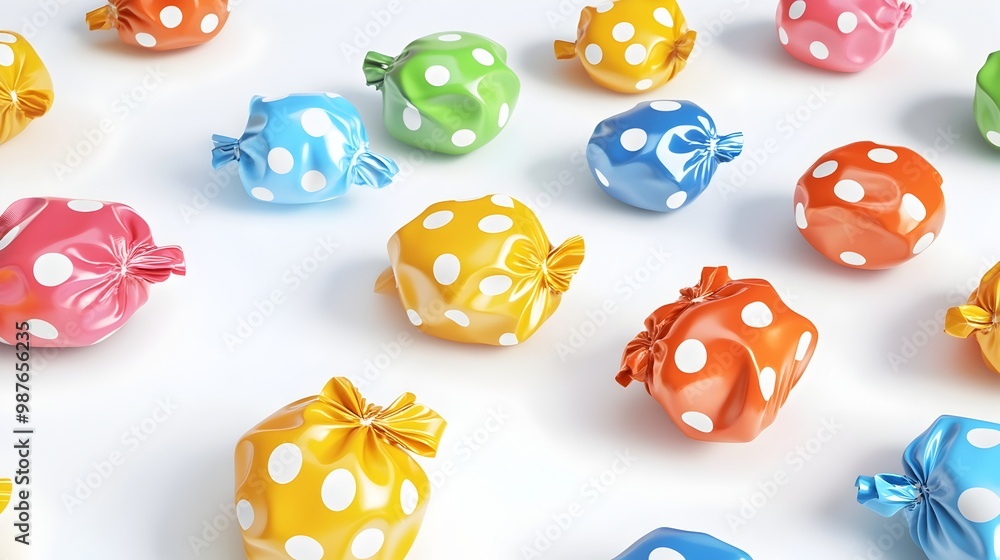 Poster vibrant 3d rendered of assorted candy wrappers featuring polka dot patterns in a variety of bright p