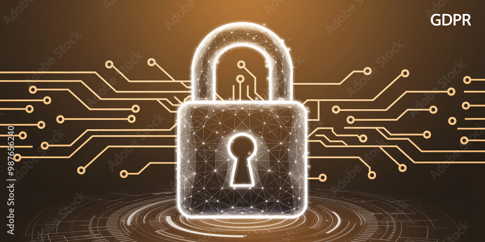 Poster illuminated gdpr lock icon on dark circuit background for cybersecurity concept