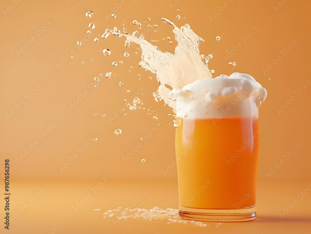 Poster vibrant 3d rendered of beer foam dynamically spilling and splashing over the rim of a glass containe