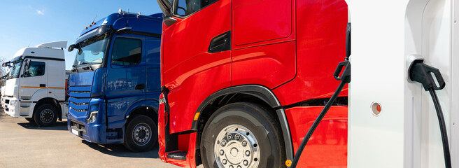 Electric vehicles charging station on a background of a trucks. Concept