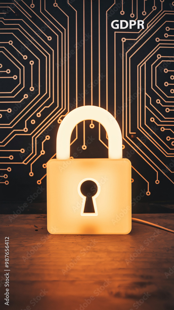 Poster warm-toned gdpr lock illumination with circuit board background in ambient setting