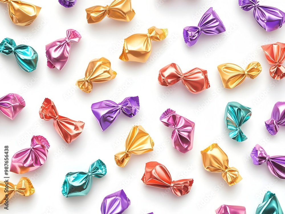 Poster vibrant and colorful scattered candy wrappers with shiny textures lying on a plain white background 