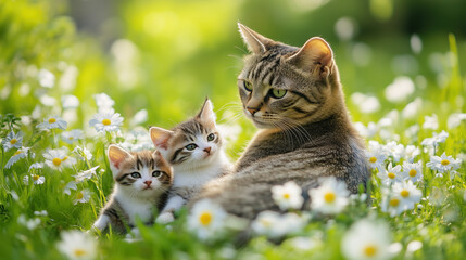 Cute mother cat with her kittens enjoying a sunny day in a lush green field, surrounded by flowers, with a bokeh background