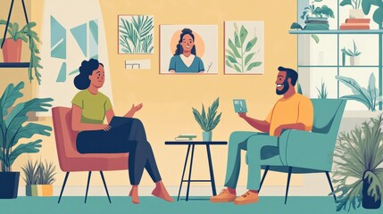 A mental health telemedicine session, with a patient speaking to a therapist through a video call, creating a safe and comfortable virtual space for mental health support