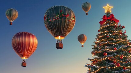 Fototapeta premium Festive hot air balloons with Christmas lights, flying near a giant Christmas tree, 3D illustration