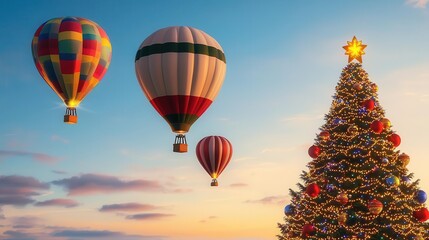 Fototapeta premium Festive hot air balloons with Christmas lights, flying near a giant Christmas tree, 3D illustration