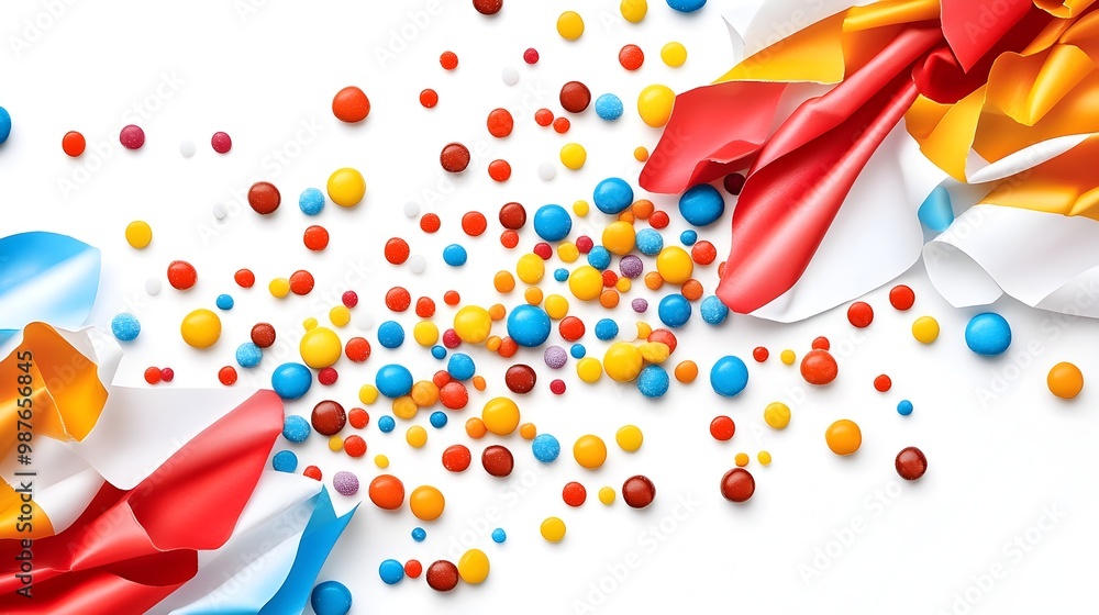 Aufkleber vibrant and playful flat design of open candy wrappers with colorful candies spilling out against a 