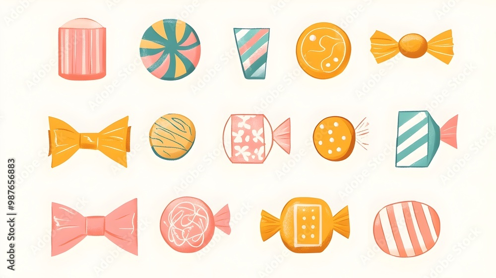 Poster vibrant and retro candy wrapper designs with striped polka dot and swirl patterns on white backdrop 