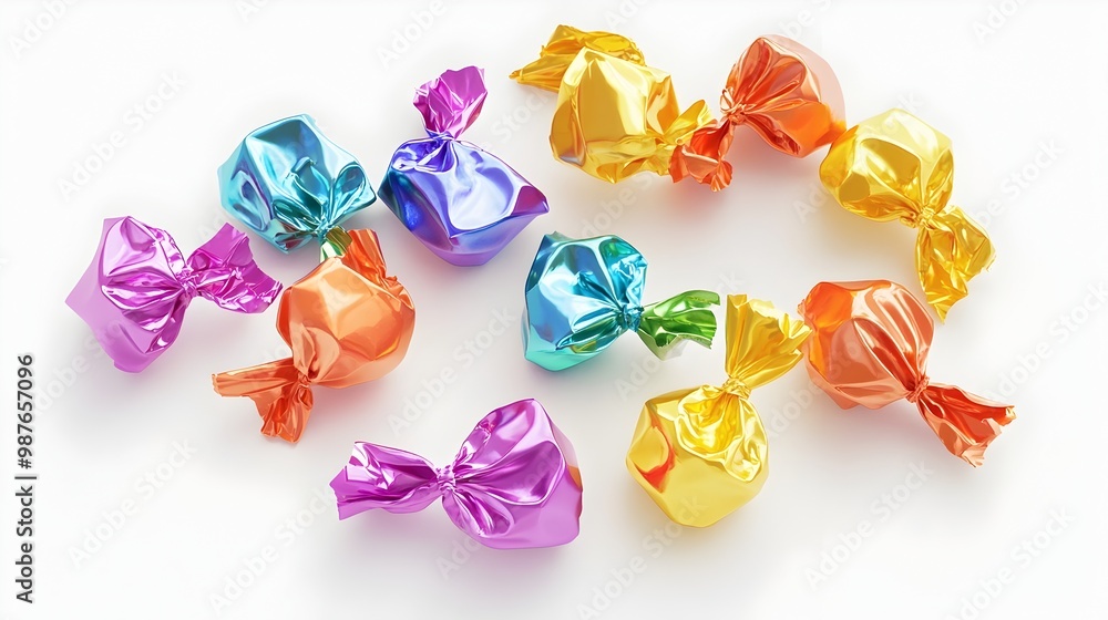 Poster Vibrant and Whimsical 3D Rendered of Assorted Unwrapped Candy with Bright Foil Wrappers Scattered on a White Background in a Flat Design Style