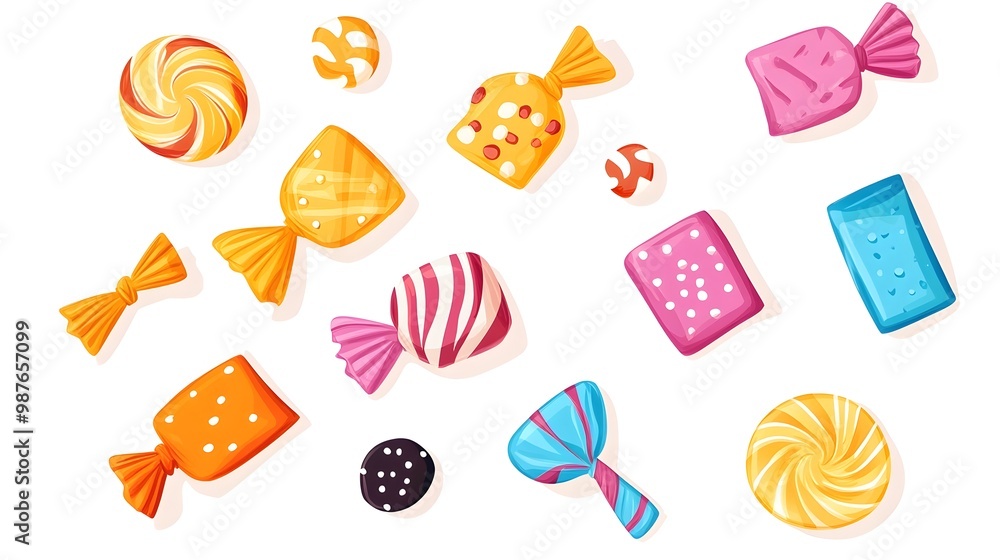 Aufkleber vibrant and whimsical cartoon style candy wrapper with variety of colorful patterns and textures on 