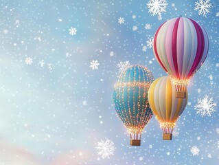 Obraz premium Hot air balloons with Christmas lights, flying through snowflakes, holiday magic, 3D illustration