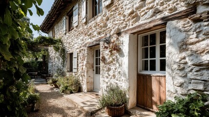 A charming stone house featuring wooden beams, lush potted plants, and vines in a sunlit courtyard, evoking a sense of tranquility and rustic beauty.