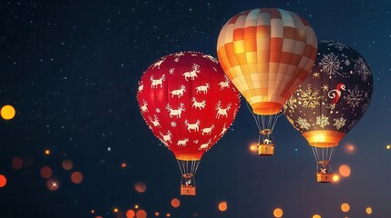 Obraz premium Hot air balloons with reindeer patterns and Christmas lights, magical night, 3D illustration