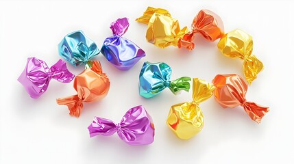 Vibrant and Whimsical 3D Rendered of Assorted Unwrapped Candy with Bright Foil Wrappers Scattered on a White Background in a Flat Design Style