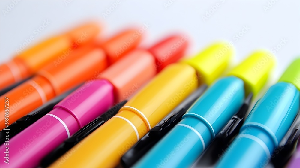 Poster vibrant array of colorful highlighter pens arranged on white background