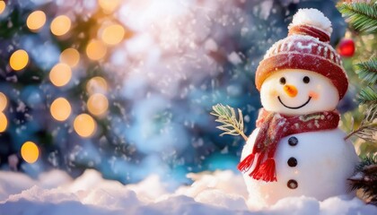 Snowman smiling and standing in snowfall with Christmas ornament. Winter morning landscape, bokeh forest background
