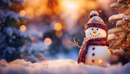 Snowman smiling and standing in snowfall with Christmas ornament. Winter morning landscape, bokeh forest background
