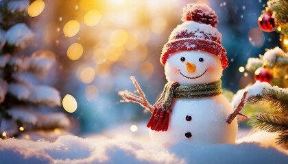 Snowman smiling and standing in snowfall with Christmas ornament. Winter morning landscape, bokeh forest background
