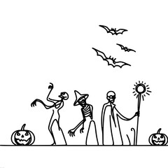 Obraz premium One line vector illustration, halloween night with witch, skeleton and zombie on full moon background, pumpkins in foreground, bats