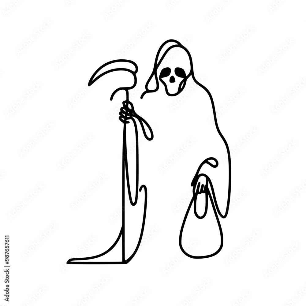 Poster zombie in a cloak with a scythe in one hand and a bag in the other, drawn in a line, linear vector i