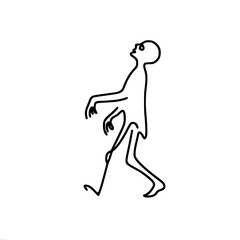 Fototapeta premium Skinned zombie in walking pose with drooping tassels drawn in line art, linear vector illustration