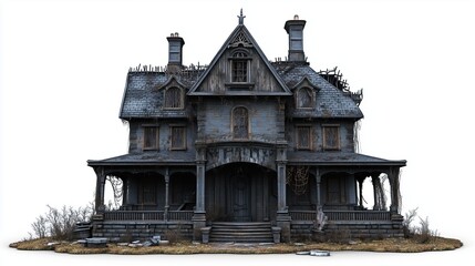 one single haunted house isolated on white background