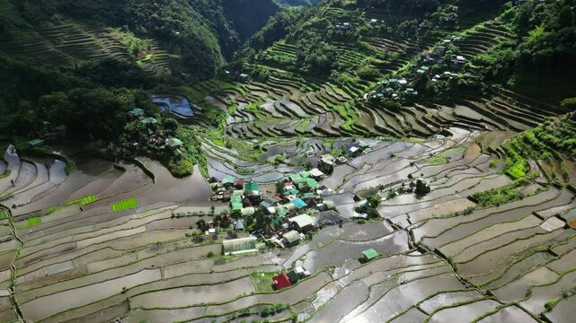 Aerial view of picturesque Batad Rice Terraces in Ifugao Province, Luzon Island, Philippines, 4k
