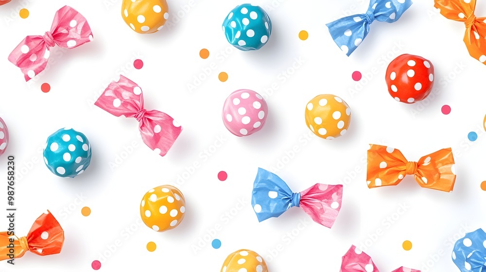 Poster vibrant flat design of colorful candy wrappers with polka dot patterns on a clean white background c