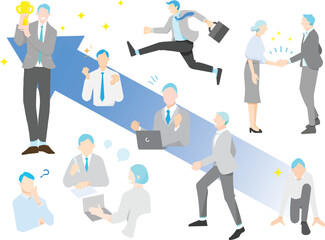 Job hunting - job success - finding a job - businessman on the road to success vector simple illustration set