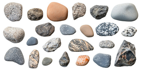 Natural Stones and Pebbles Collection. A variety of natural stones and pebbles with unique textures and colors, perfect for nature, geology, and landscaping themes