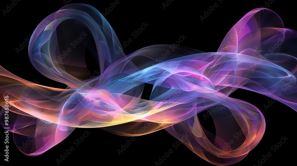 Poster abstract colorful glowing waves on a black background. the waves are made of translucent material an