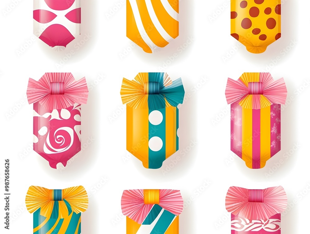 Poster vibrant geometric candy wrapper patterns in a range of colors and shapes against a clean white backg