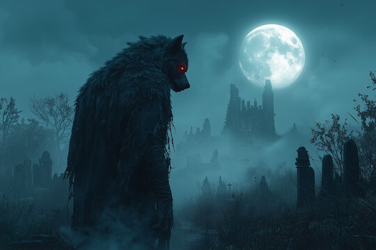 hulking werewolf stalks through an ancient graveyard under the full moon, its red eyes glowing fiercely amidst the ruins and fog