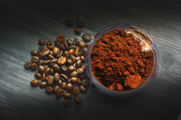 Brown coffee beans and ground coffee, coffee background, poster, wall painting