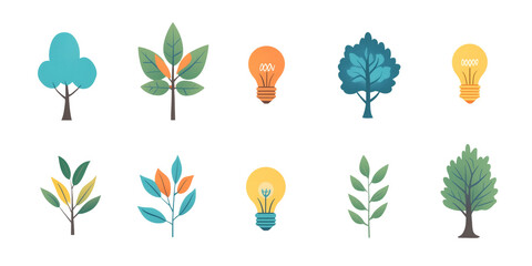 Fototapeta premium Eco and Energy Icons with Trees, Light Bulbs, and Water Drops. A collection of vibrant, eco-themed icons featuring trees, light bulbs with plants, and water drops.