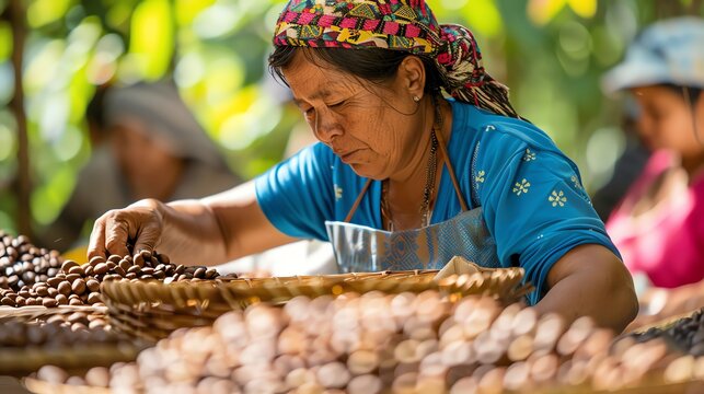 A woman in a colorful headscarf looks thoughtfully at the camera, her face framed by a vibrant market scene. - Powered by Adobe