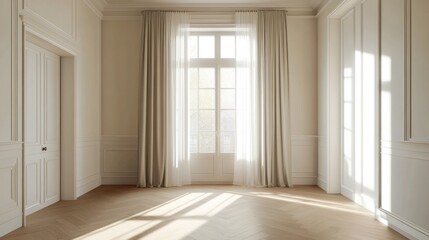 Fototapeta premium Elegant Empty Room with Sunlit Hardwood Floors