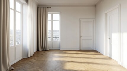 Fototapeta premium Bright and airy room with white walls, wooden floors and large windows