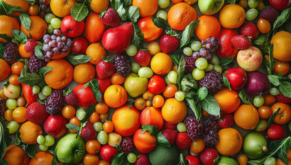 A rich and abundant array of assorted fresh fruits such as oranges, grapes, and apples, complemented by green leaves, evoking nature�s bounty and vibrant health.