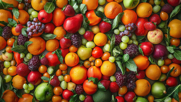 A rich and abundant array of assorted fresh fruits such as oranges, grapes, and apples, complemented by green leaves, evoking nature�s bounty and vibrant health.
