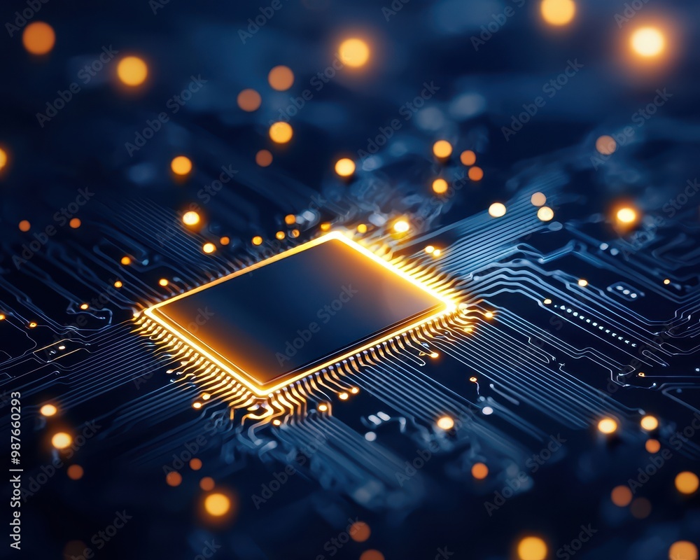 Aufkleber close-up of a microchip with glowing lights on a circuit board.