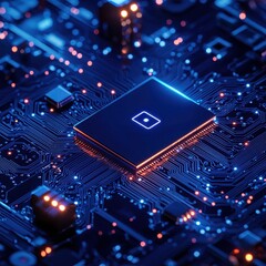 Close-up of a glowing microchip on a circuit board, technological innovation concept.