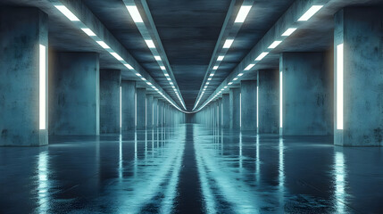 Concrete Hallway with Neon Lights 3D Illustration