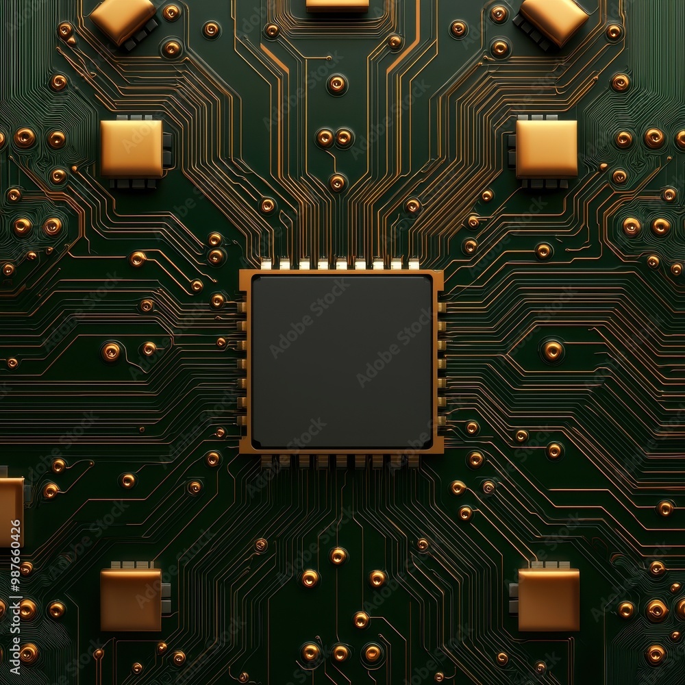 Poster close-up view of a circuit board with gold microchips on a green background
