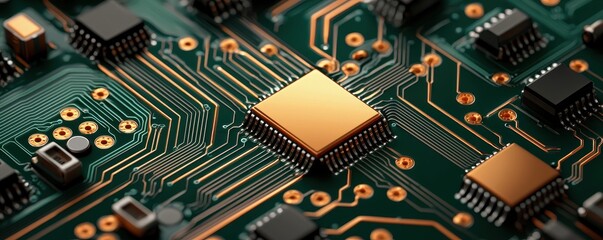 Close-up of intricate circuit board with golden microchip, detailed technology background.