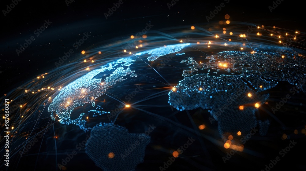 Poster digital globe network with glowing connections, dark background illuminating data flow across contin