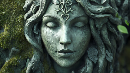 Obraz premium Sculpted face of a mystical woman, ideal for representing ancient roman or celtic mythology. capturing the magic of the forests and the eternity of the gods. Celtic Mythology. Illustration